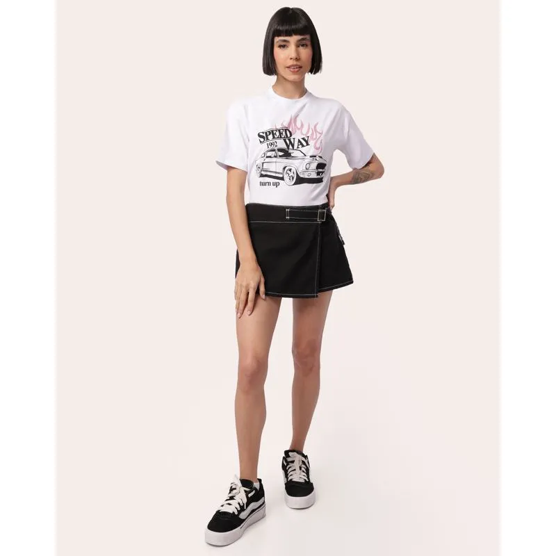 Short Saia Jeans Feminino com Fivela Pespontada Preta 34