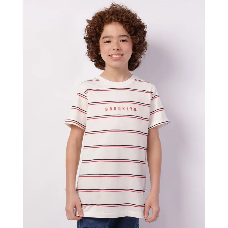 Camiseta Juvenil Algodão Listrada Brooklyn Manga Curta Off White 16