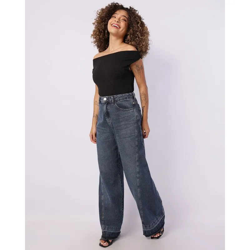 Calça Jeans Feminina Wide Leg com Recortes Azul 34