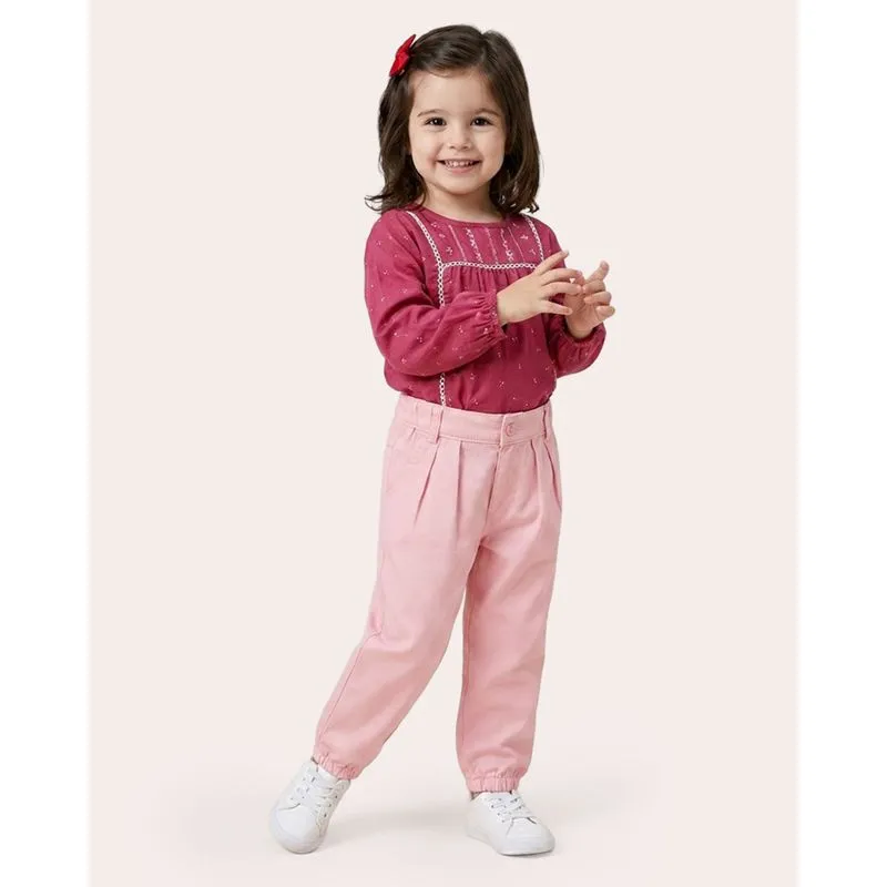 Calça Sarja Bebê Jogger com Pregas Bolsos Rosa 3