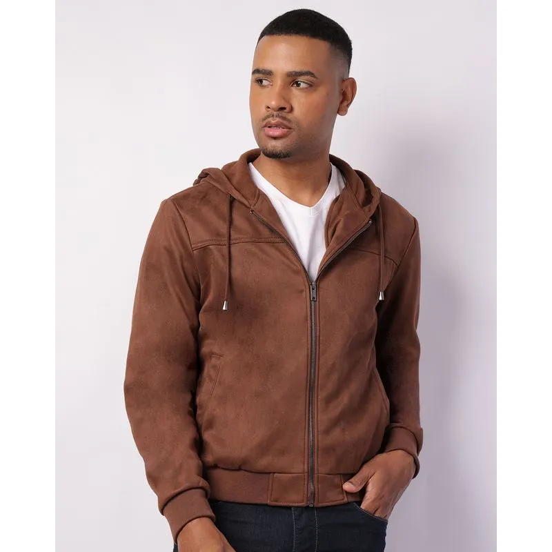 Jaqueta Masculina Suede Com Capuz Bolsos Marrom GG