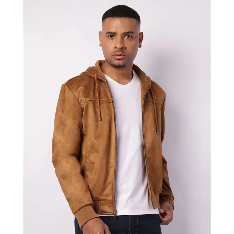 Jaqueta Masculina Suede Com Capuz Bolsos Marrom GG