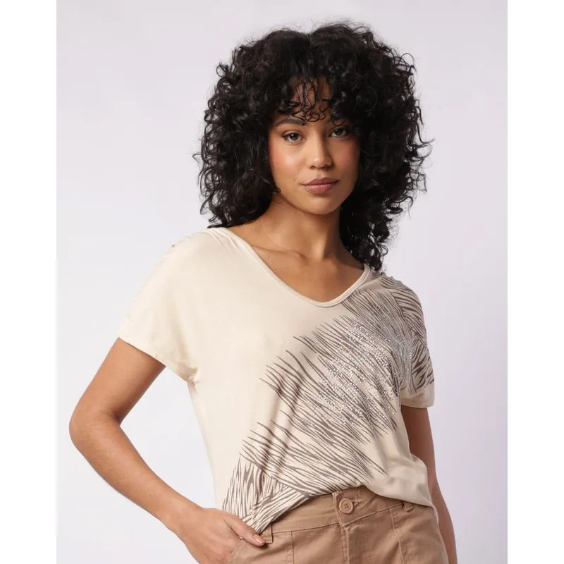 Blusa Feminina Viscose Estampa com Glitter Manga Curta Bege M