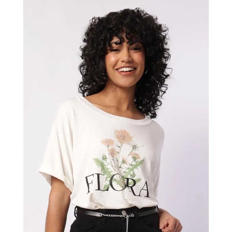 Blusa Feminina Viscose Flores com Strass Off White G