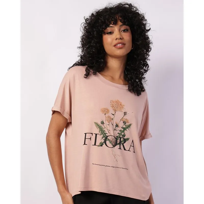 Blusa Feminina Viscose Flores com Strass Rosa P
