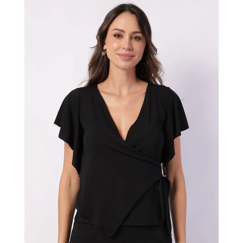 Blusa Feminina Decote Transpassado com Babado Fivela Preta GG