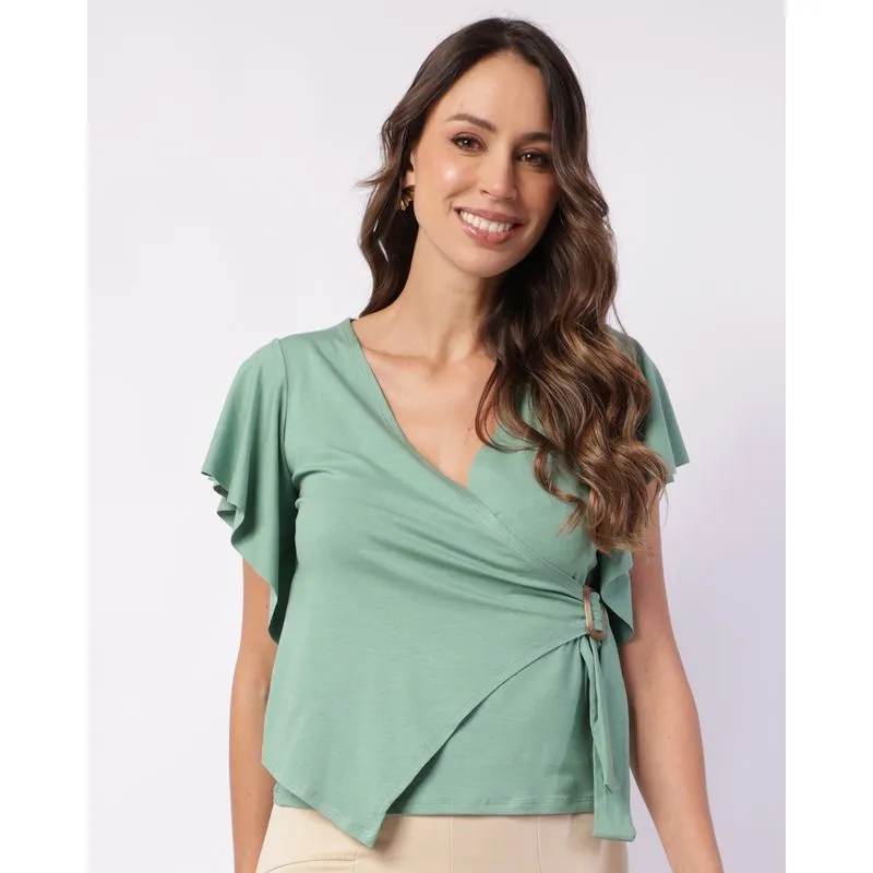 Blusa Feminina Decote Transpassado com Babado Fivela Verde G