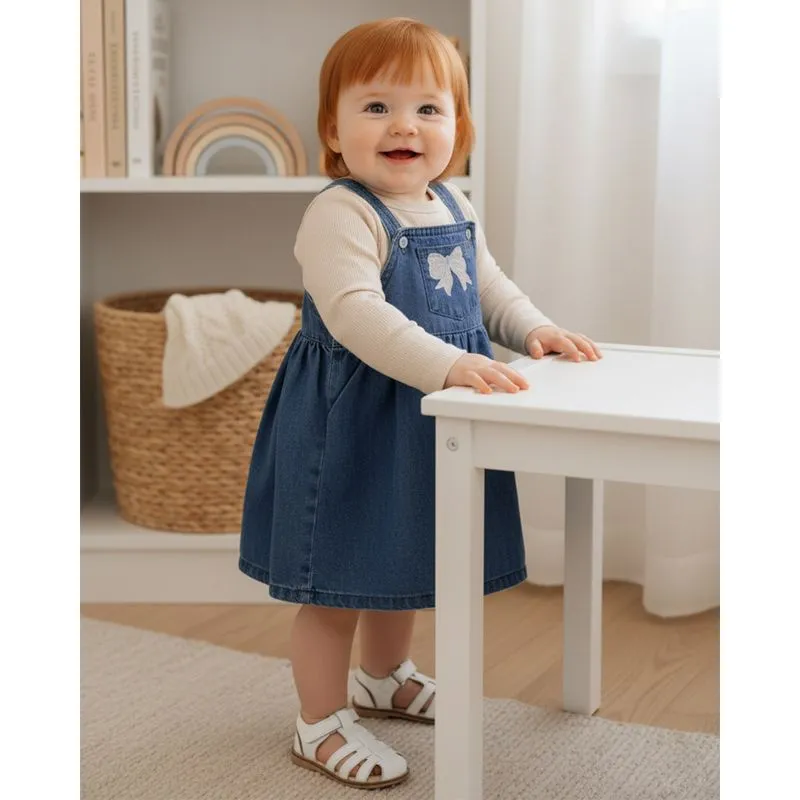 Vestido Jeans Bebê Curto com Bordado Laço Azul P