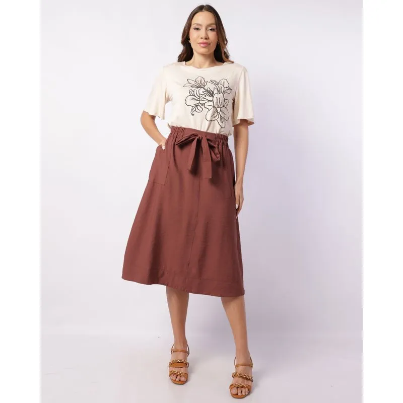 Saia Feminina Midi Viscose com Bolso Chapado Laço Marrom M