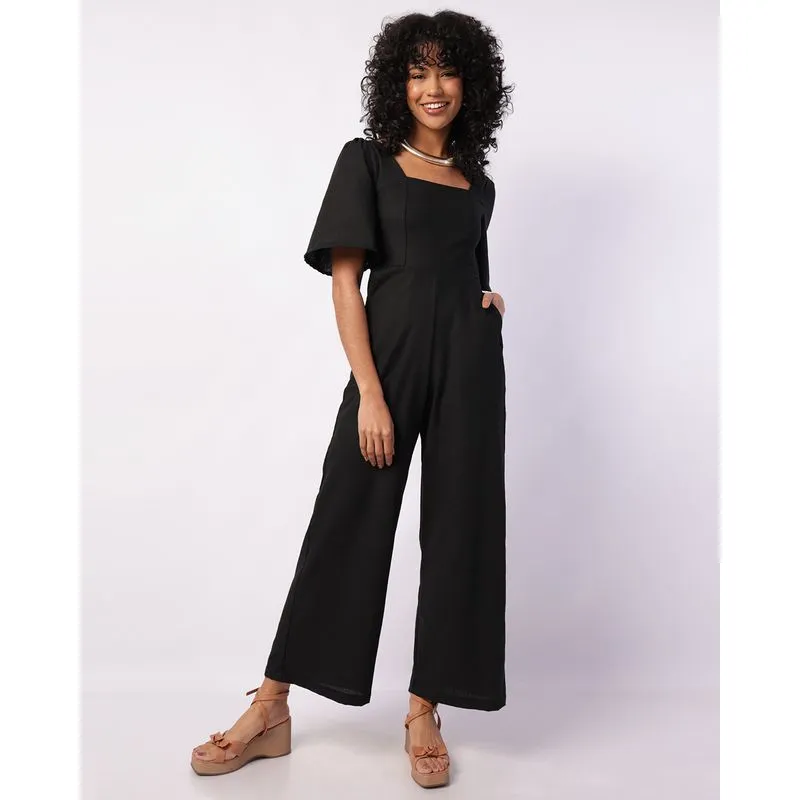 Macacão Feminino Longo Viscolinho Manga Bufante Preto M
