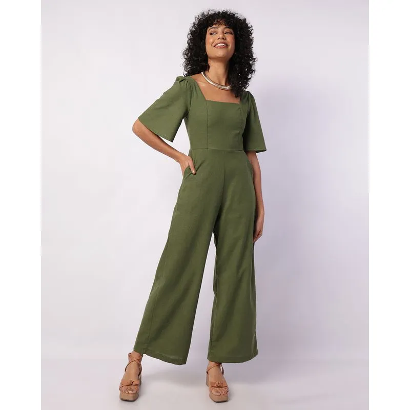 Macacão Feminino Longo Viscolinho Manga Bufante Verde M