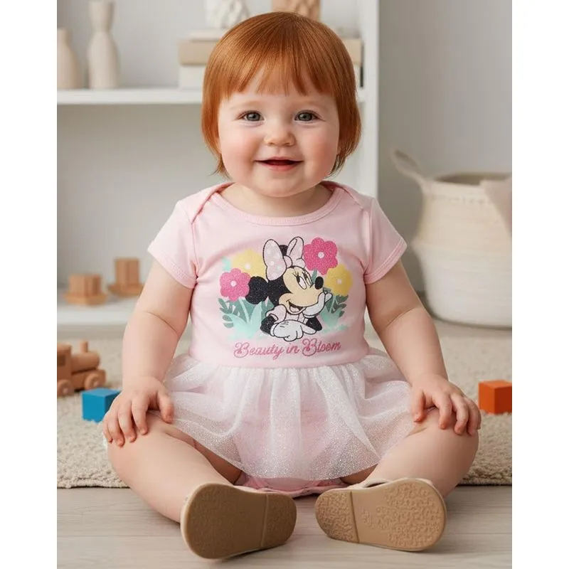 Body Bebê Disney Minnie com Sobreposição Tule com Glitter Rosa P