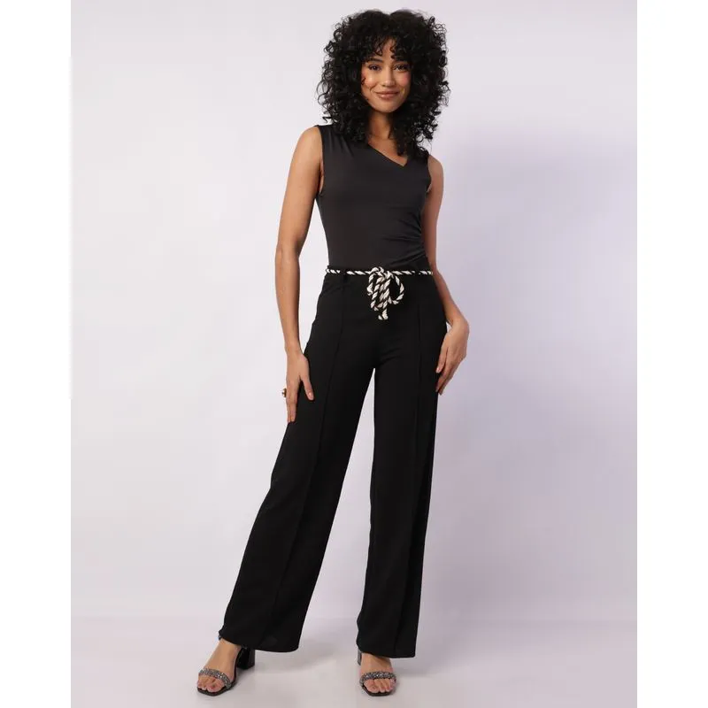 Calça Feminina Pantalona Crepe com Pregas Cordão Preta GG