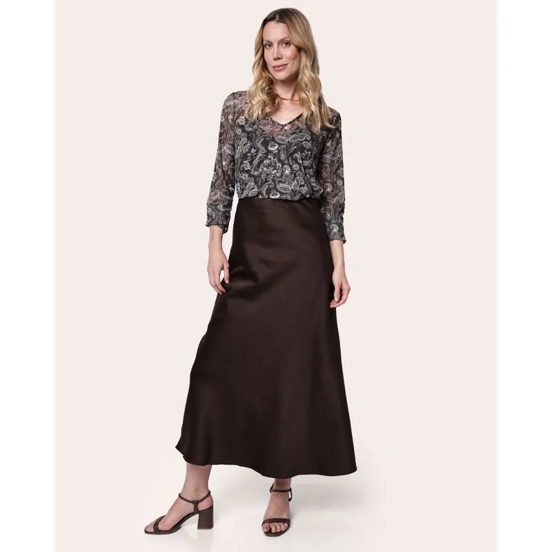 Saia Feminina Longa Acetinada Marrom P