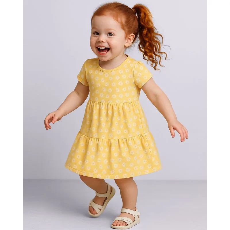 Vestido Bebê Curto Algodão Estampado Florzinha Amarelo 2