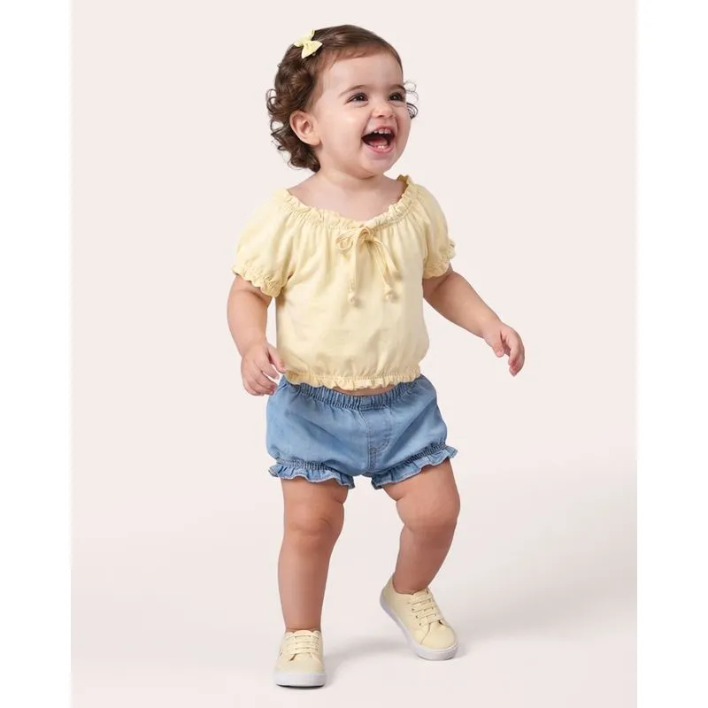 Blusa Bebê Cropped com Elástico Manga Curta Amarela 1