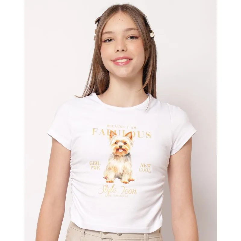 Camiseta Juvenil Algodão Cachorrinho com Franzidos Branca 16