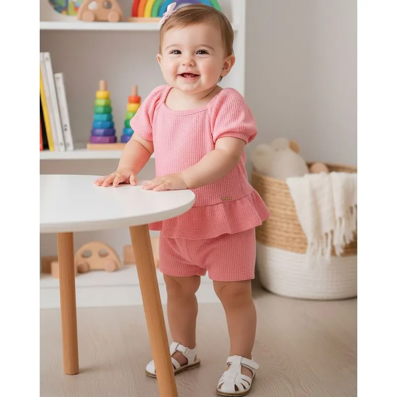Conjunto Bebê Curto Texturizado Manga Bufante Rosa P