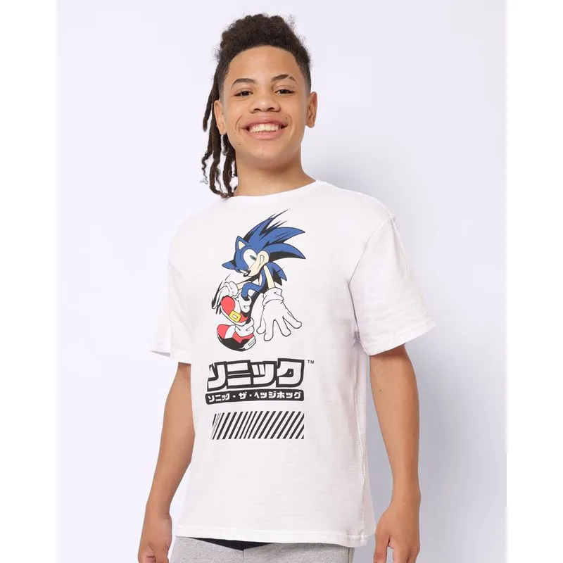 Camiseta Juvenil Algodão Texturizada Estampa Sonic Manga Curta Branca 14