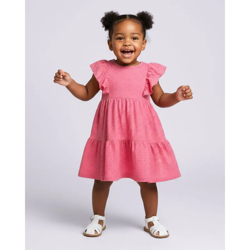 Vestido Bebê Curto Laise Manga com Babado Rosa 3