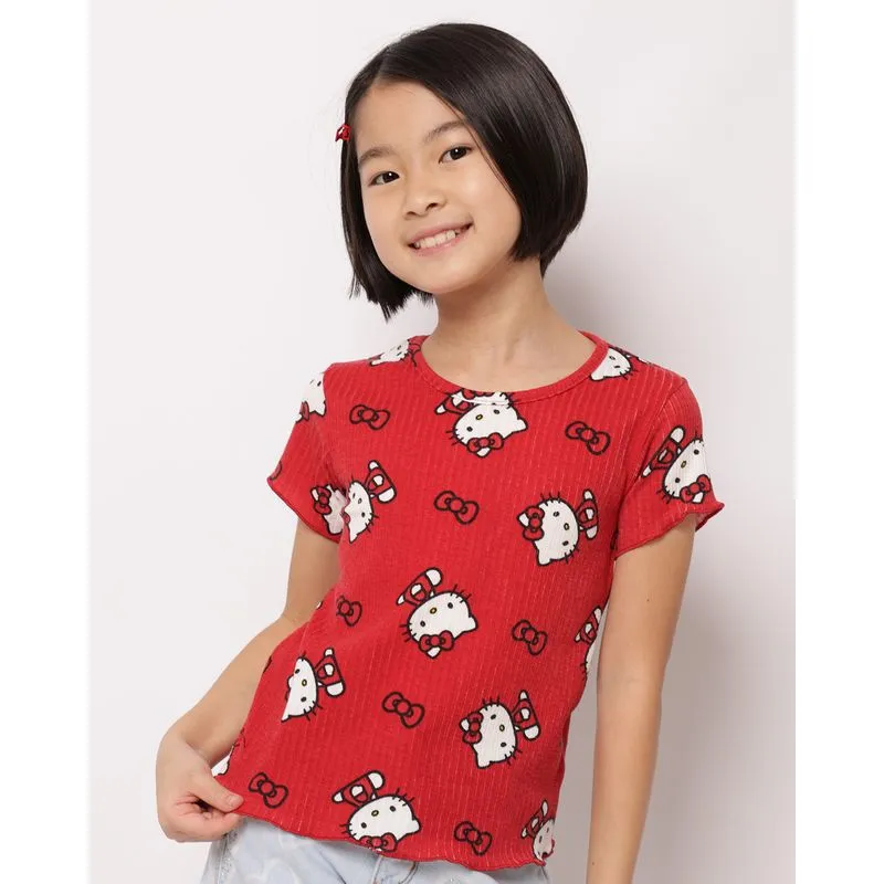 Blusa Infantil Canelada Estampada Hello Kitty Manga Curta Vermelha 4
