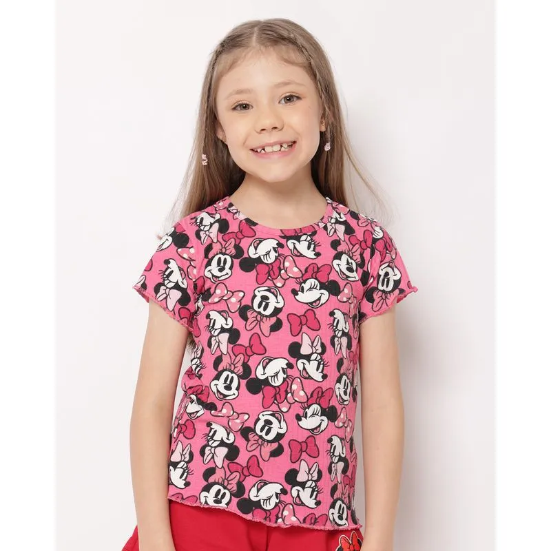 Blusa Infantil Disney Minnie Canelada Estampada Rosa 6