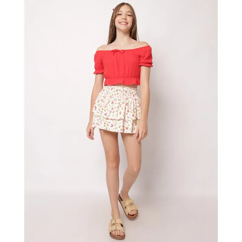 Short Saia Juvenil Curto Lastex Estampado Off White 12
