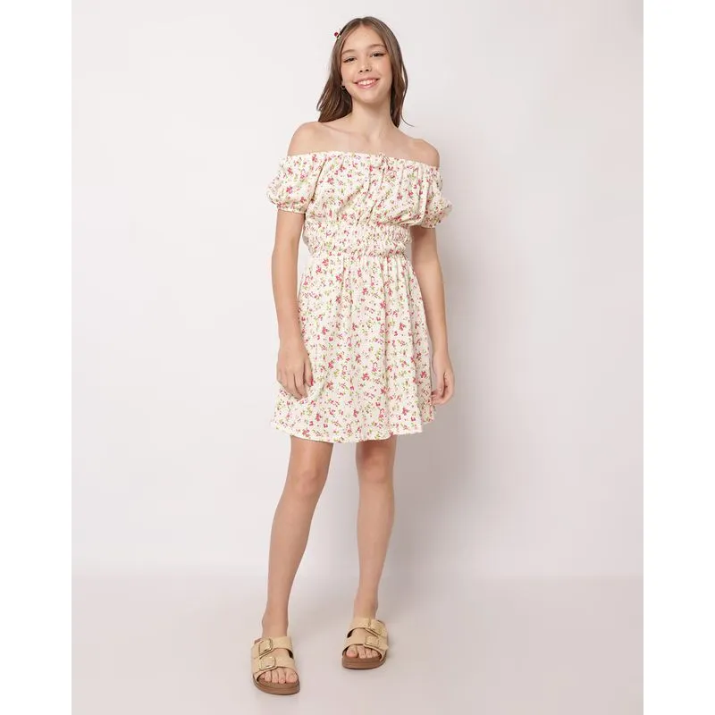Vestido Juvenil Curto Ciganinha Estampa Floral Off White 14