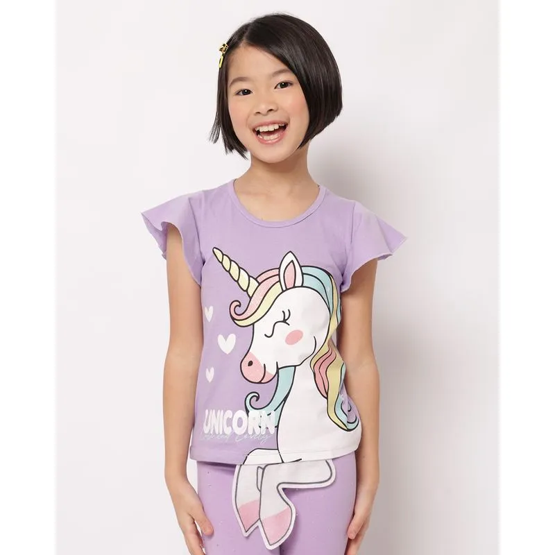 Blusa Infantil Estampa Interativa Unicórnio Manga Babado Lilás 10