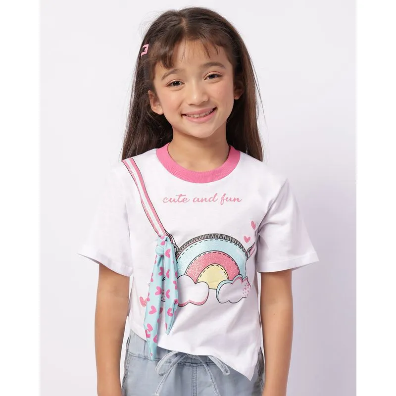 Camiseta Infantil Cropped Algodão Estampa Interativa Branca 8