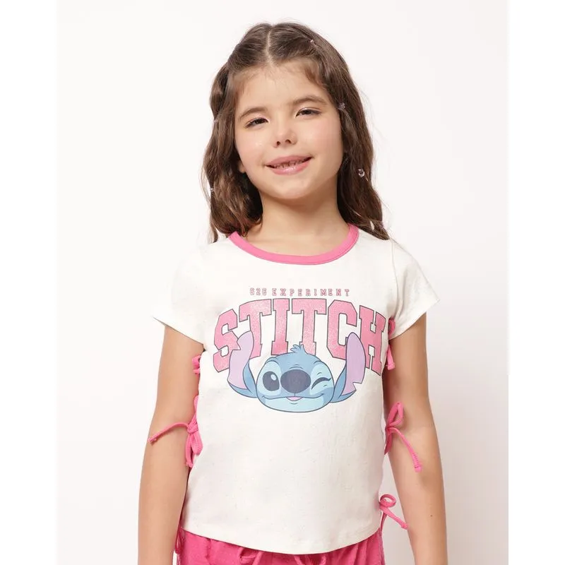Camiseta Infantil com Brilhos e Laços Laterais Disney Stitch Off White 6
