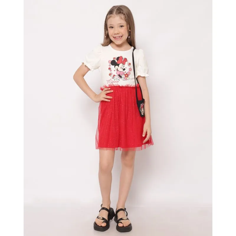 Vestido Infantil Curto Disney Minnie com Tule + Brinde Bolsa Vermelho 8