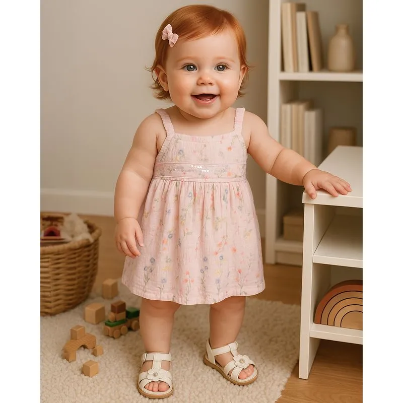 Vestido Bebê Curto Algodão Texturizado Estampa Floral Rosa M