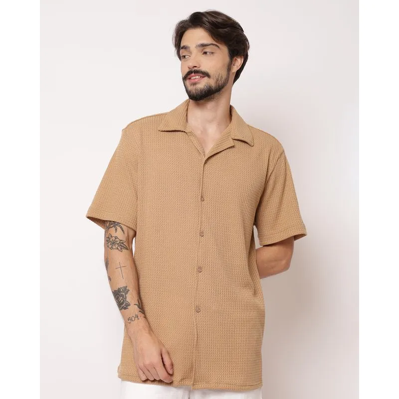 Camisa Masculina Texturizada com Botões Bege 4