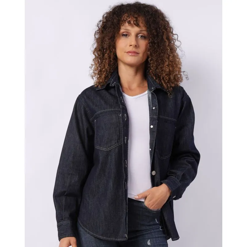 Camisa Jeans Feminina Oversized com Bolsos Manga Longa Azul P