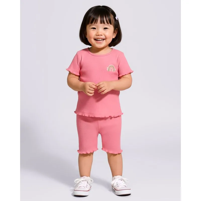 Conjunto Bebê Canelado Curto com Bordado Arco-íris Rosa 1