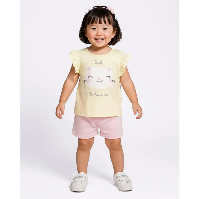 Conjunto Bebê Curto com Estampa Gatinho Texturizado Babado Amarelo 3