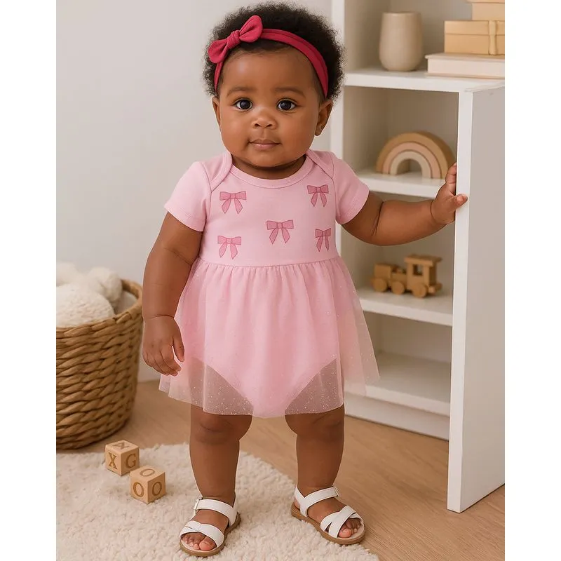 Body Bebê Algodão Sobreposição Tule com Glitter Rosa G