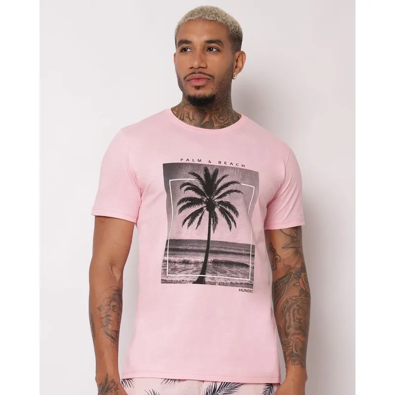 Camiseta Masculina Algodão Estampa Tropical Manga Curta Rosa GG