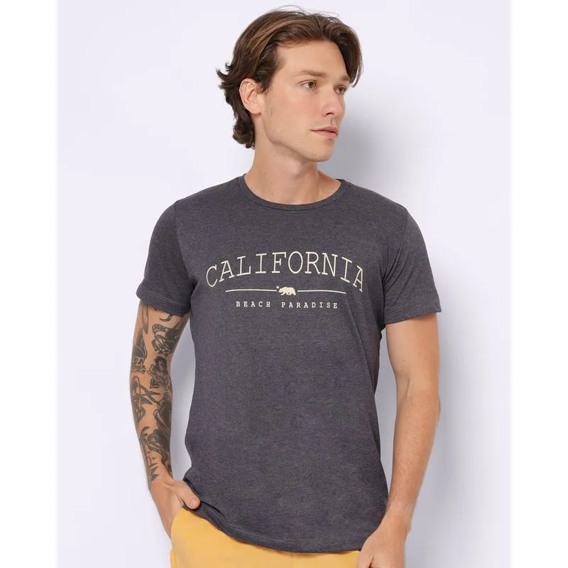 Camiseta Masculina Estampa Califórnia Manga Curta Cinza GG