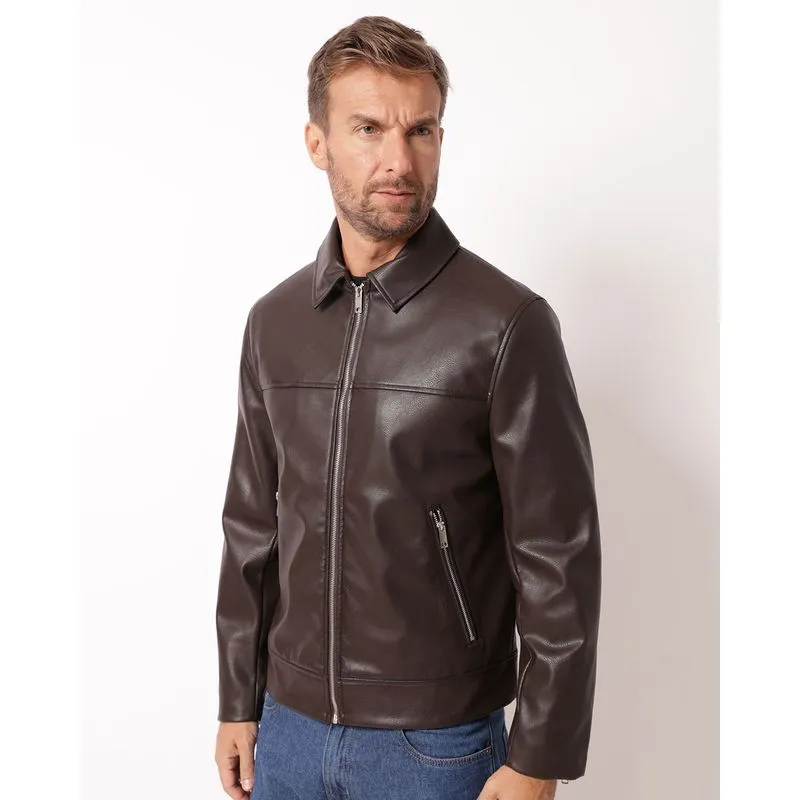 Jaqueta Masculina PU com Zíper Marrom M