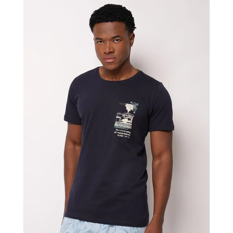 Camiseta Masculina Algodão Estampa Frontal Manga Curta Marinho P