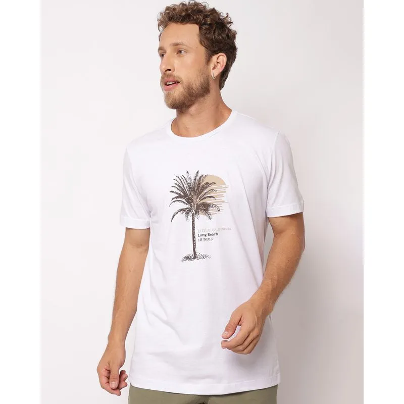 Camiseta Masculina Algodão Surf Estampa Coqueiro Manga Curta Branca M