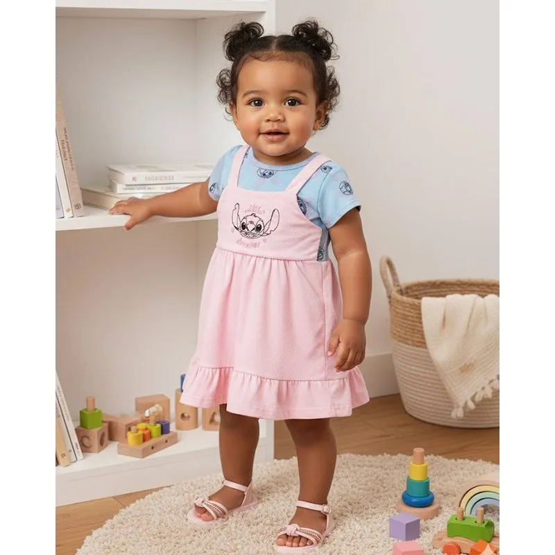 Vestido Bebê Curto Algodão Disney Stitch com Bordado Rosa G
