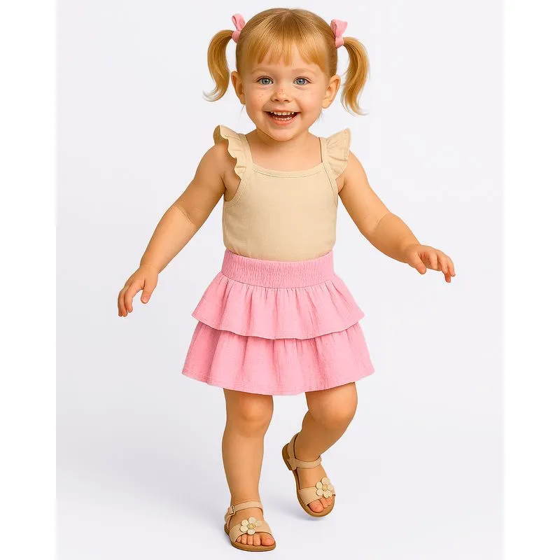 Short Saia Bebê Curto Texturizado com Babado Rosa 2