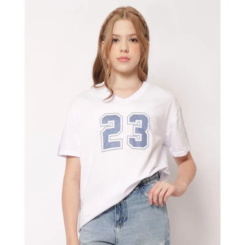 Camiseta Juvenil Algodão Decote V Estampa 23 Branca 14