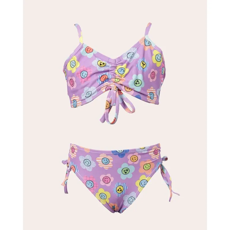 Conjunto Biquini Infantil com Colissê Estampado Flores Divertidas Lilás 2
