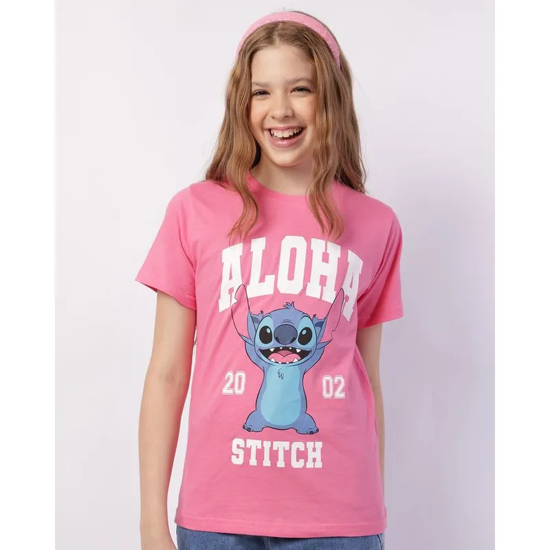 Camiseta Juvenil Algodão Disney Stitch Manga Curta Rosa 12