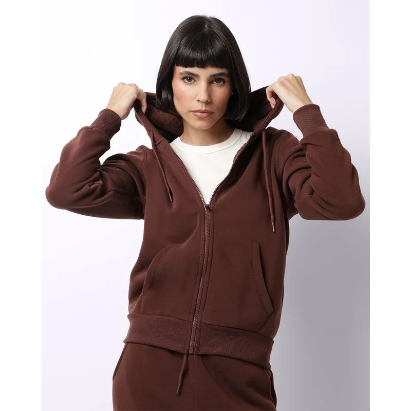 Jaqueta Moletom Feminina com Capuz e Bolsos Marrom GG