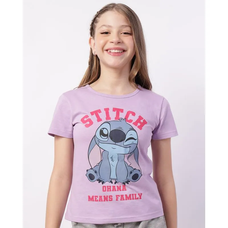 Camiseta Juvenil Algodão Disney Stitch Manga Curta Lilás 16